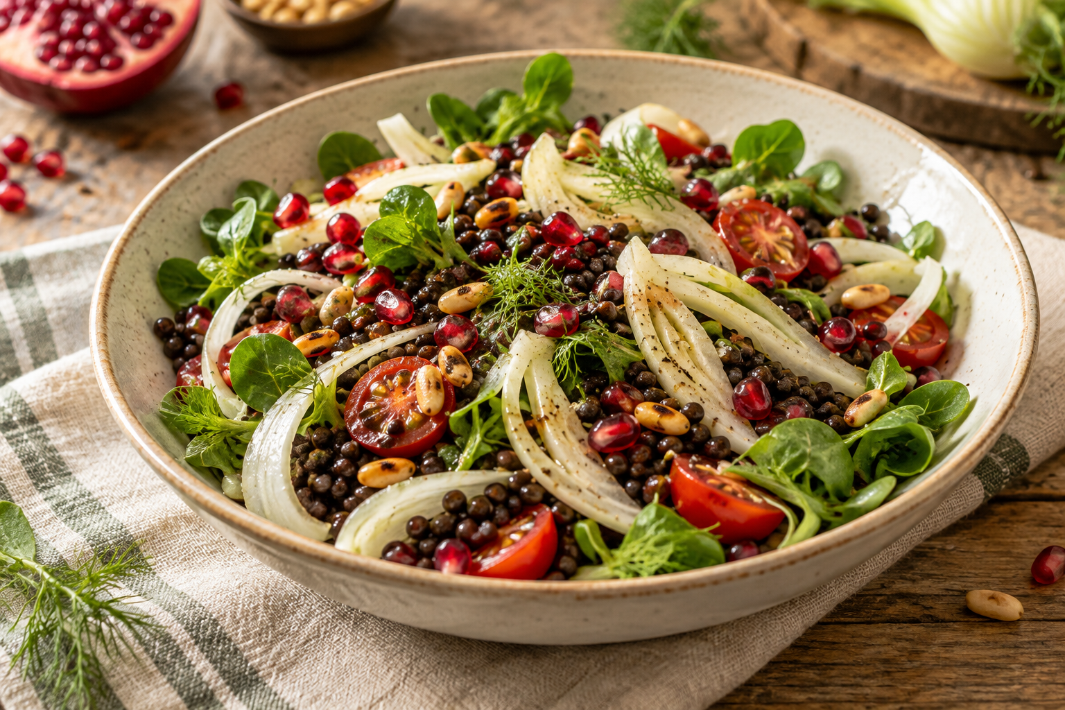Foto des Rezepts: Beluga-Linsensalat mit Fenchel, Tomaten &amp; Granatapfel