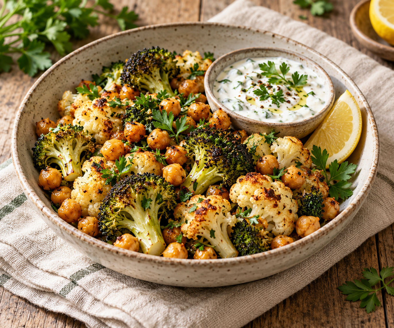 Foto des Rezepts: Brokkoli-Blumenkohl-Bowl mit Kichererbsen &amp; Zitronen-Kräuter-Joghurt