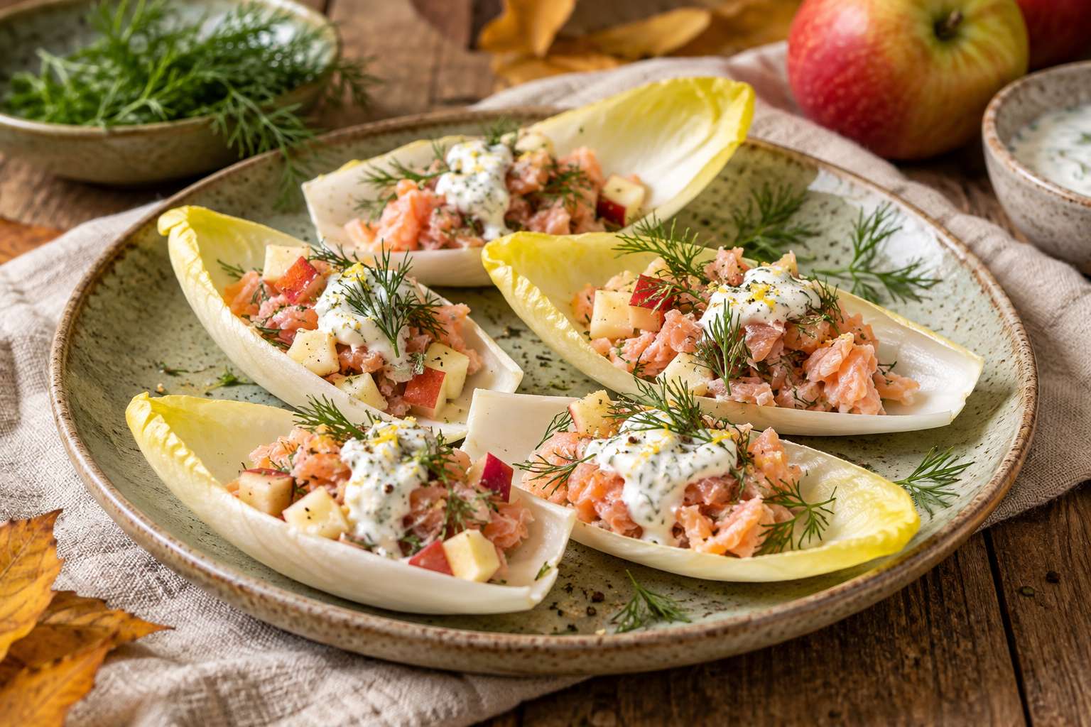 Foto des Rezepts: Chicorée-Schiffchen mit Forellentatar, Apfel &amp; Dill