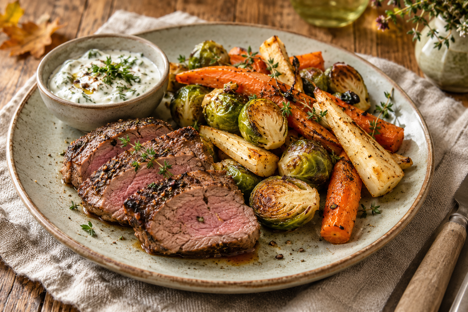 Foto des Rezepts: Lammlachse mit Rosenkohl, Herbstgemüse &amp; Kräuterjoghurt