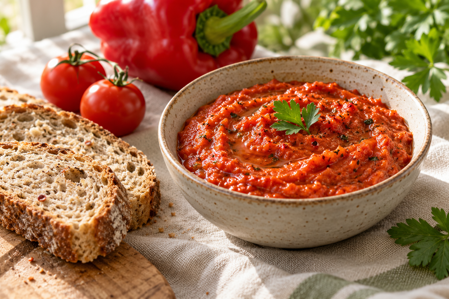 Paprika-Tomaten-Dip in einer Schale mit Vollkornbrot
