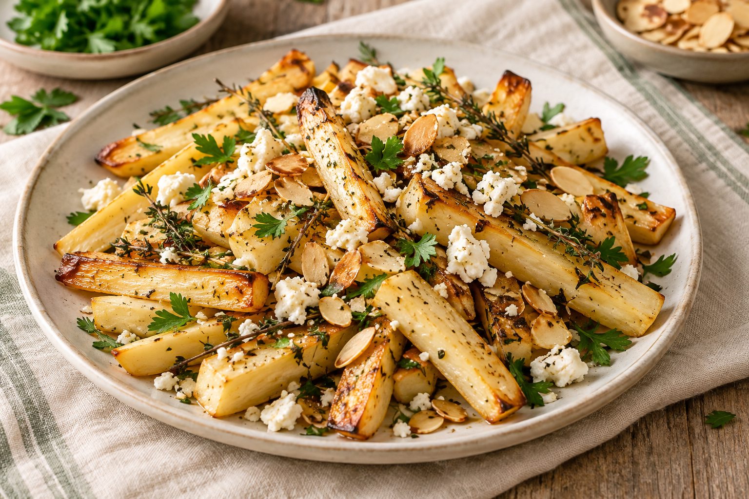 Foto des Rezepts: Ofen-Pastinaken &amp; Petersilienwurzel mit Thymian, Feta &amp; Mandeln