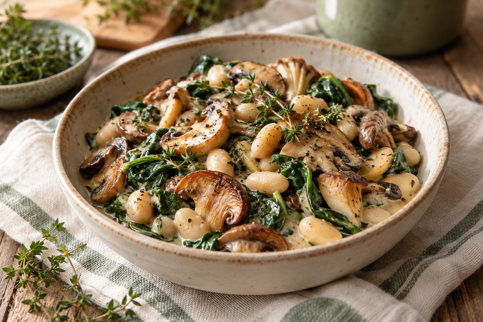 Foto des Rezepts: Cremige Pilz-Spinat-Pfanne mit weißen Bohnen