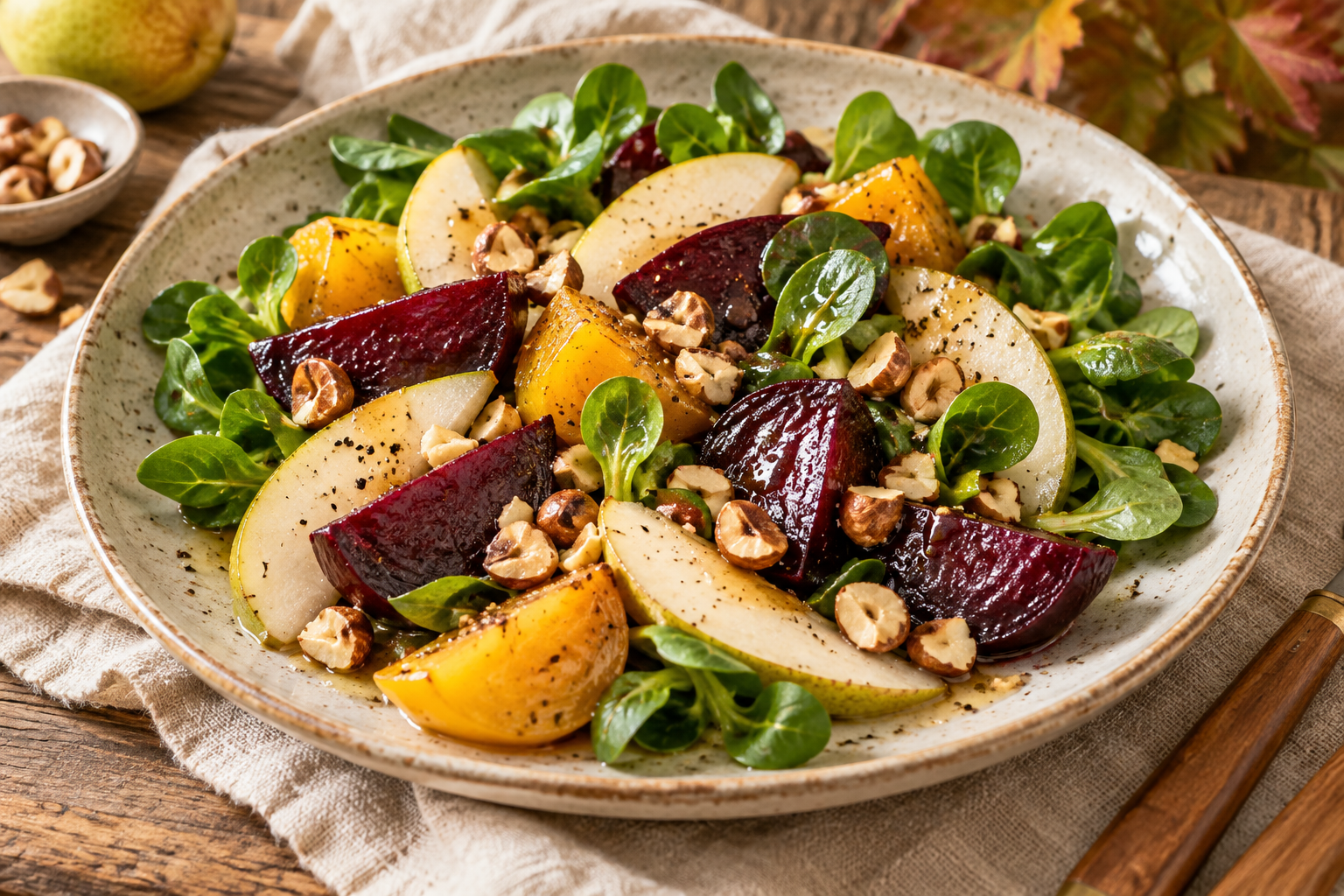 Foto des Rezepts: Warmer Rote-Bete-Salat mit Birne, Feldsalat &amp; Haselnüssen